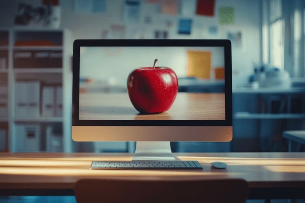 A computer monitor on a desk showing a red apple on a teacher's desk