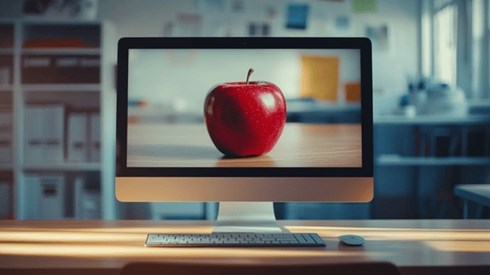 A computer monitor on a desk showing a red apple on a teacher's desk