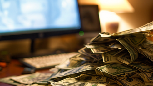 A pile of money on a desk in front of a computer monitor