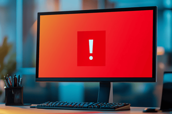 Computer monitor with red screen and white exclamation point