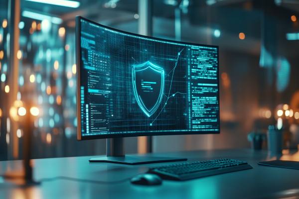 computer monitor with a cyber shield icon on it