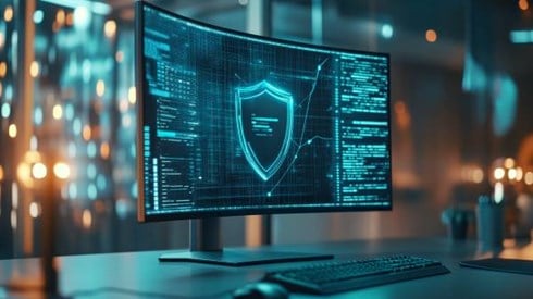 computer monitor with a cyber shield icon on it