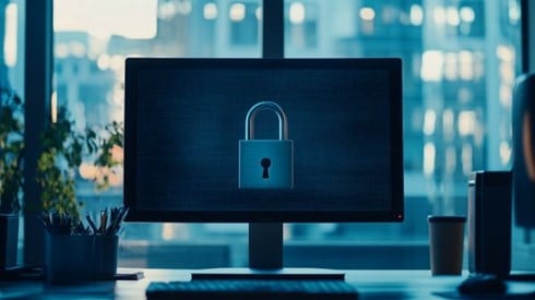 computer monitor with a padlock on the screen on a desk in an office