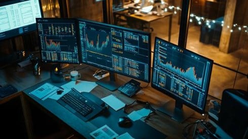 computer monitors on a desk running charts and graphs