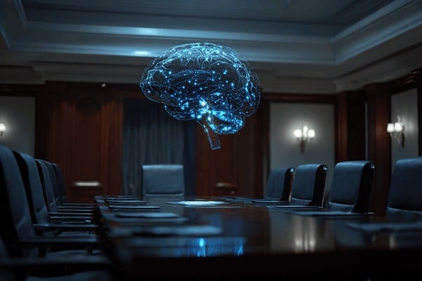 A digital brain hovering over a conference table in a boardroom
