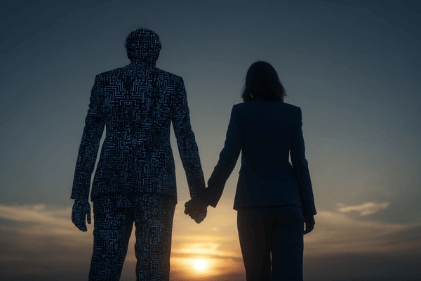 A digital man holds hands with a businesswoman wearing a dark blue suit as they both hold hands facing the sun as dawn occurs
