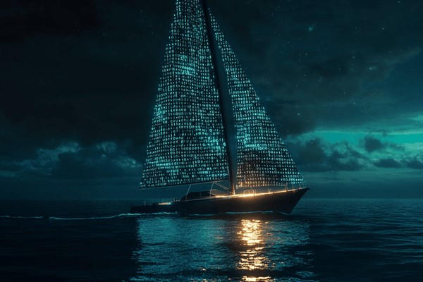 A sailboat with sails made out of binary code sailing at night on the ocean