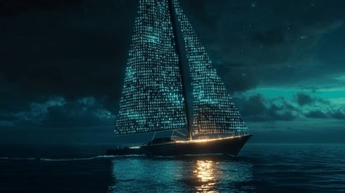 A sailboat with sails made out of binary code sailing at night on the ocean