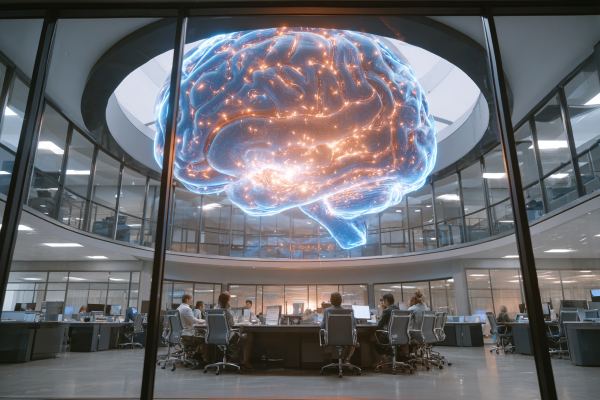 extremely large blue and orange digital brain hovering over a conference table of employees in a rotunda of offices
