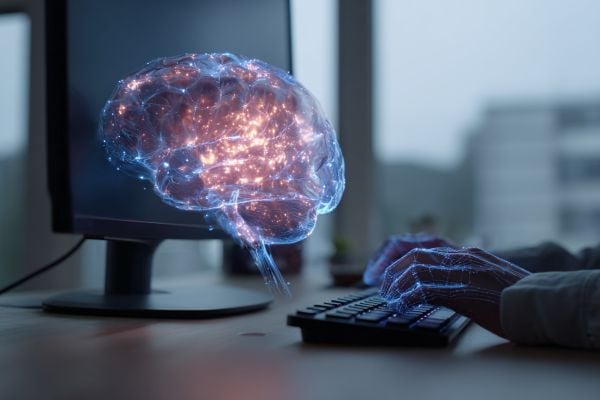 digital glowing brain and partially human digital hands typing on a keyboard in front of a monitor in an office
