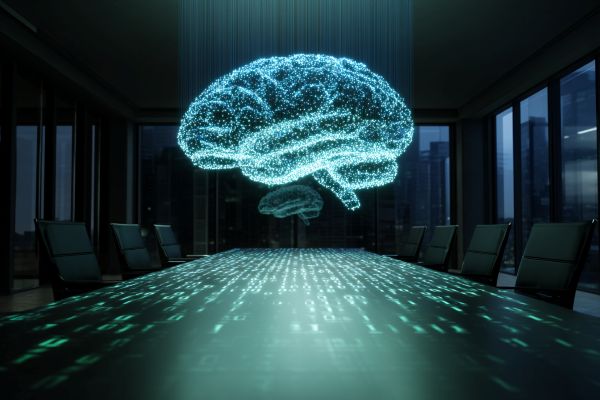 digital brain hovering over a blue and green binary code conference table in an office