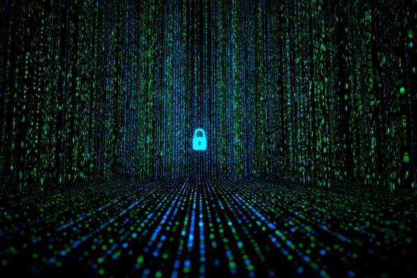 small blue digital lock icon in lines of blue and green binary code