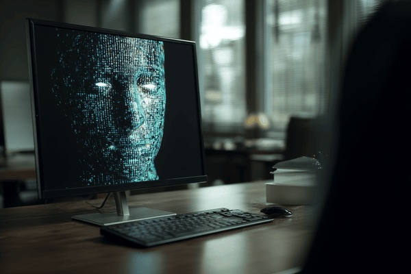 A face made up out of binary code on a computer monitor on an office desk