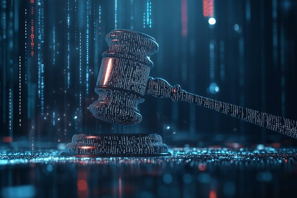 A judge's gavel made out of binary code with binary code streaming down in the background
