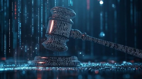 A judge's gavel made out of binary code with binary code streaming down in the background