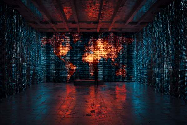 global map of the world in red surrounded by blue binary code on walls of a large high-tech room.
