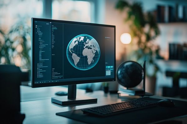 monitor with globe on the screen sitting on a desk