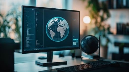 monitor with globe on the screen sitting on a desk