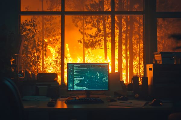 glowing computer monitor in front of a window showing a wildfire