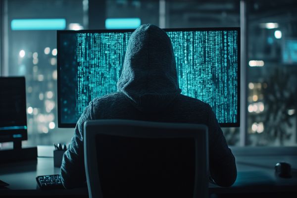 hooded figure looking at a screen full of binary code in a darkened office