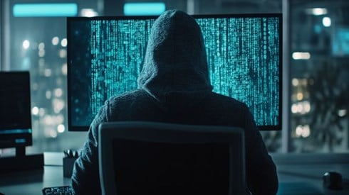 hooded figure looking at a screen full of binary code in a darkened office