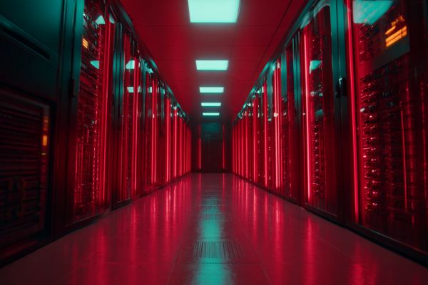 inside hallways of a data center with red lit rows of computer systems