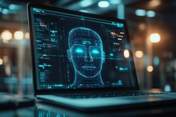 laptop with human-style AI image on screen