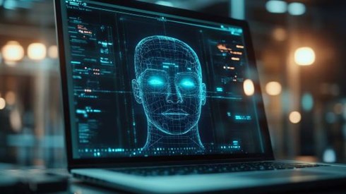 laptop with human-style AI image on screen
