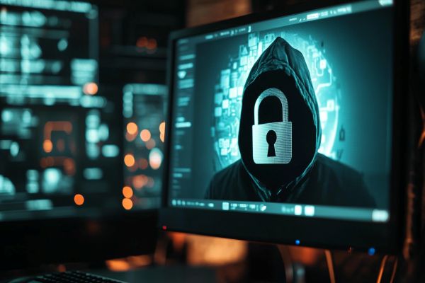 image of masked hacker with padlock in a hood on a computer monitor