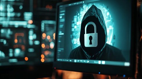 image of masked hacker with padlock in a hood on a computer monitor