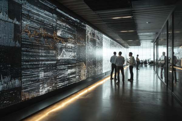 staff looking at digital charts and walls in a modern corporate office 