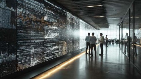 staff looking at digital charts and walls in a modern corporate office