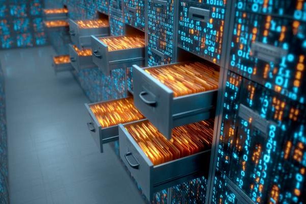 blue and orange binary code filing cabinets with one drawer open containing orange binary code files