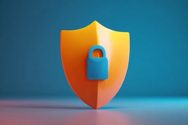 orange vector shield with a blue lock icon standing in front of a blue background