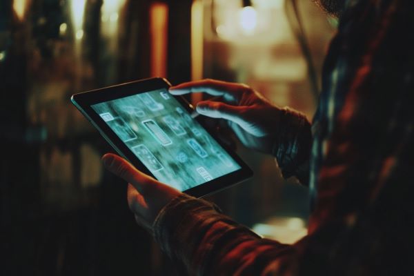 A person holding a tablet pointing to icons