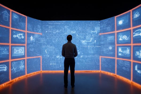 person standing looking at a blue wall screen with blue insurance icons and orange lines connecting them all