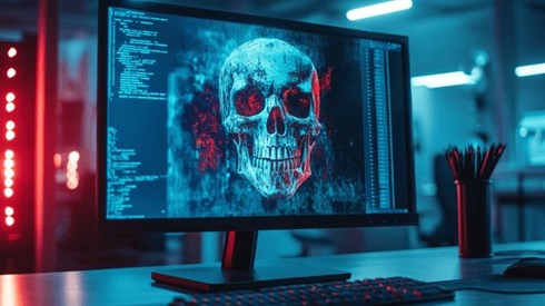 A digital skull on a computer monitor in a server room signifying a ransomware attack