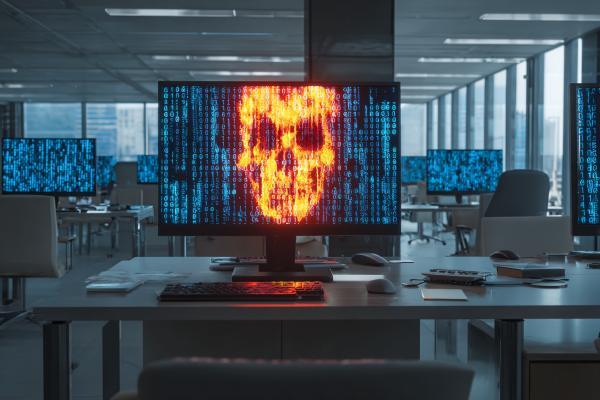 red skull in blue binary code on a monitor in a corporate office