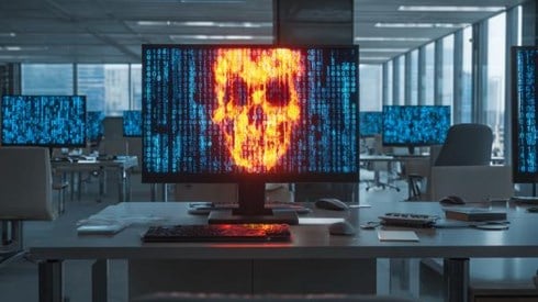 red skull in blue binary code on a monitor in a corporate office
