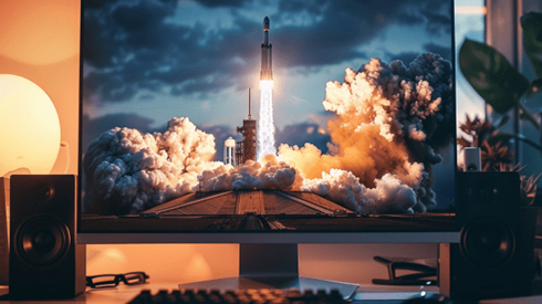 Computer monitor showing rocket taking off from launchiing pad