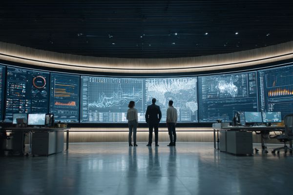 three businesspeople standing in a room with large screen walls looking at data