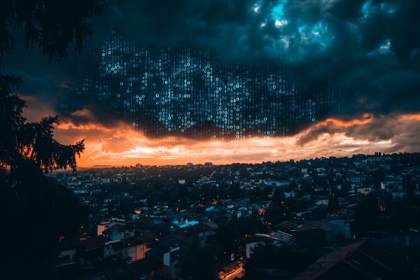 binary clouds in binary code over a residential area