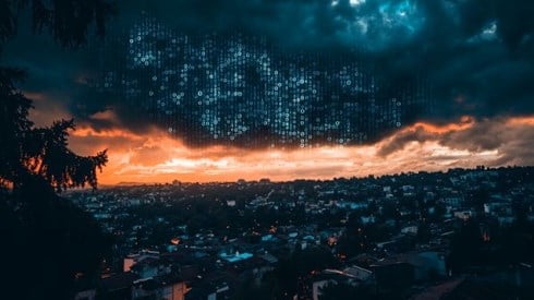 binary clouds in binary code over a residential area