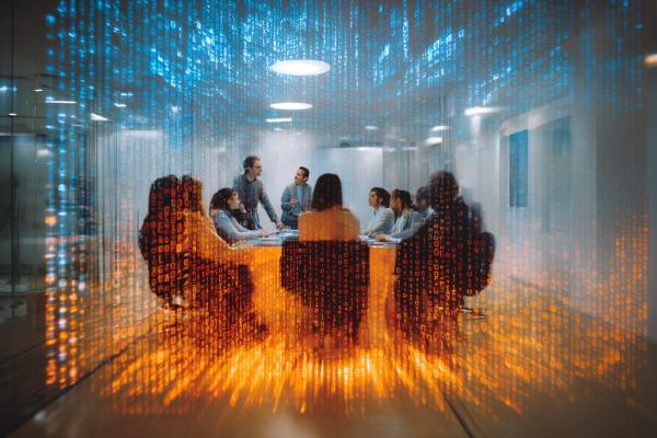 office meeting of business professionals in a conference room overlaid by blue and orange binary code
