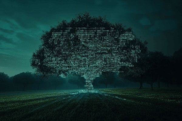 A tree made out of binary code in a field at night