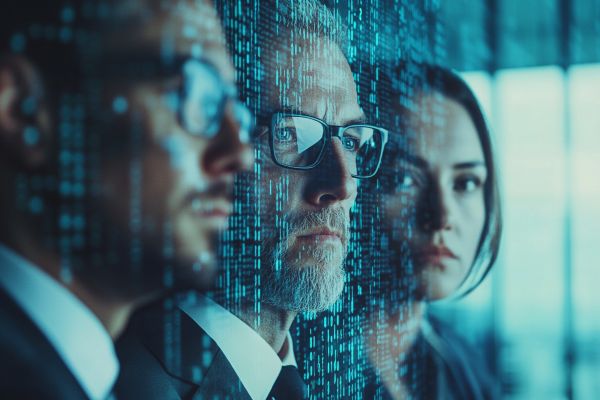 blue binary code superimposed on three businesspeople's faces