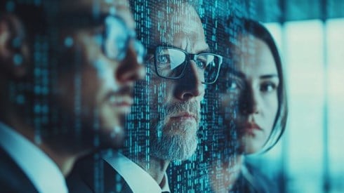 blue binary code superimposed on three businesspeople's faces