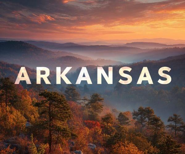 the word "Arkansas" superimposed over a photo of mountains and fog at sunrise
