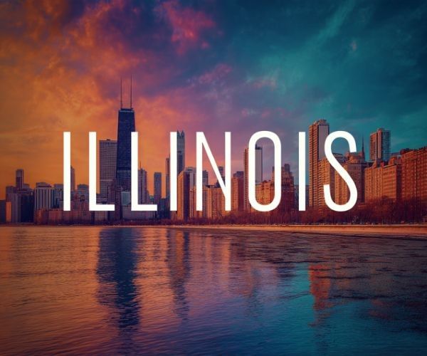 the word "ILLINOIS" superimposed over a stylized image of a sunrise over the Chicago skyline