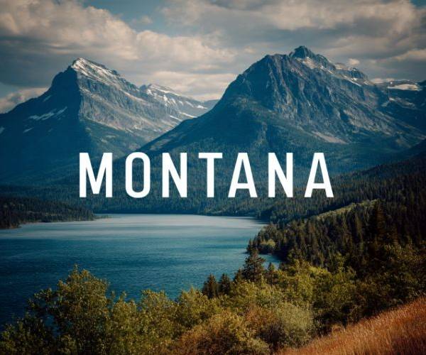 the word "MONTANA" superimposed over a landscape of mountains next to a lake during the fall